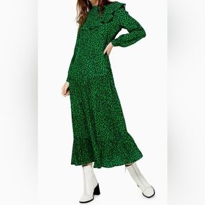 Topshop Green Leopard Midi Dress